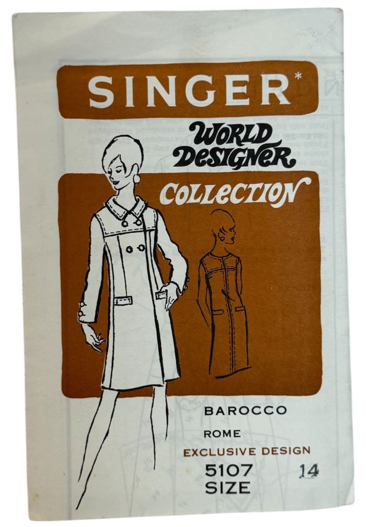 Singer Sewing Pattern 5107 Dress Coat World Designer Barocco Rome 1960s 14 Uncut