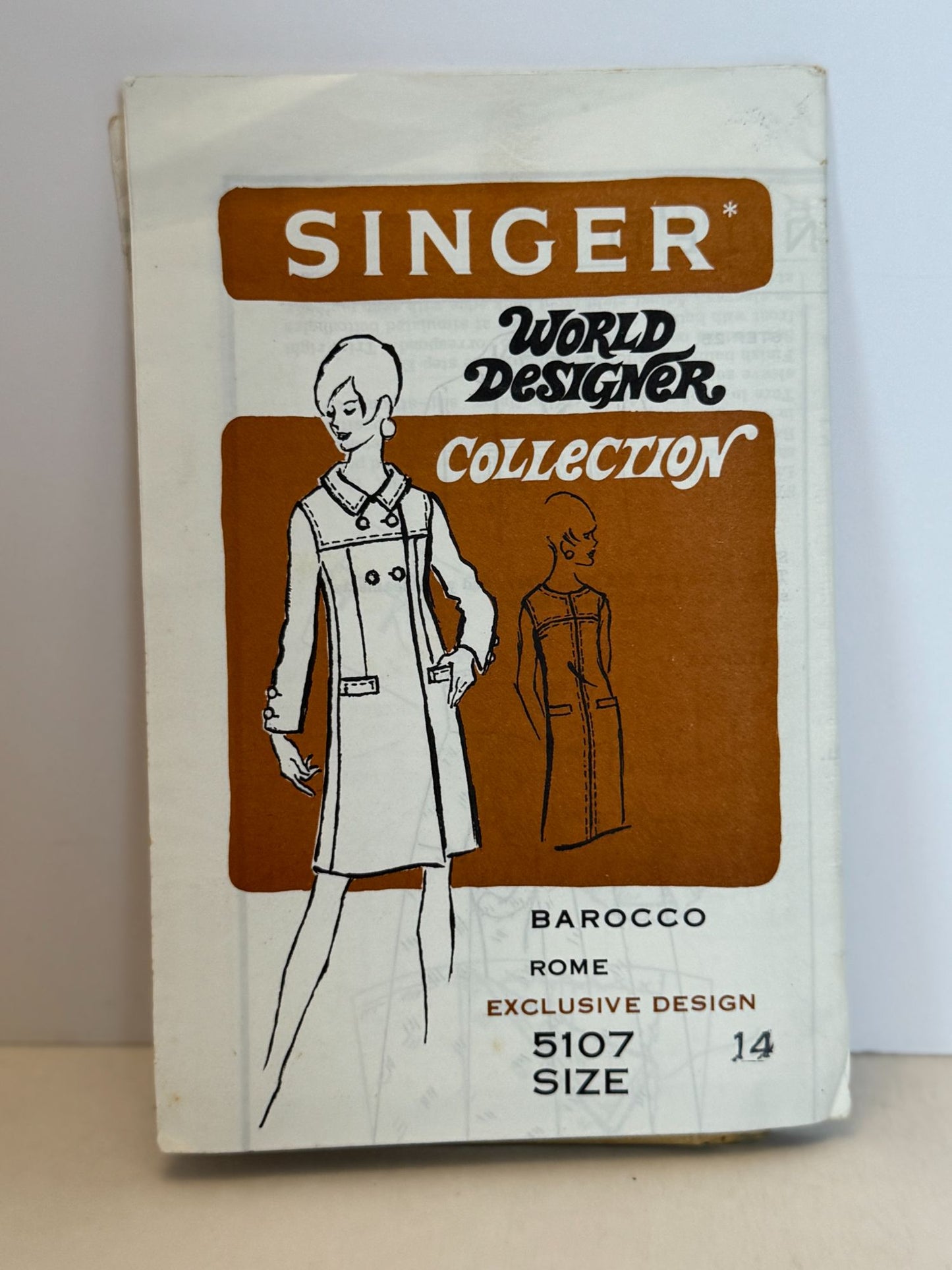Singer Sewing Pattern 5107 Dress Coat World Designer Barocco Rome 1960s 14 Uncut