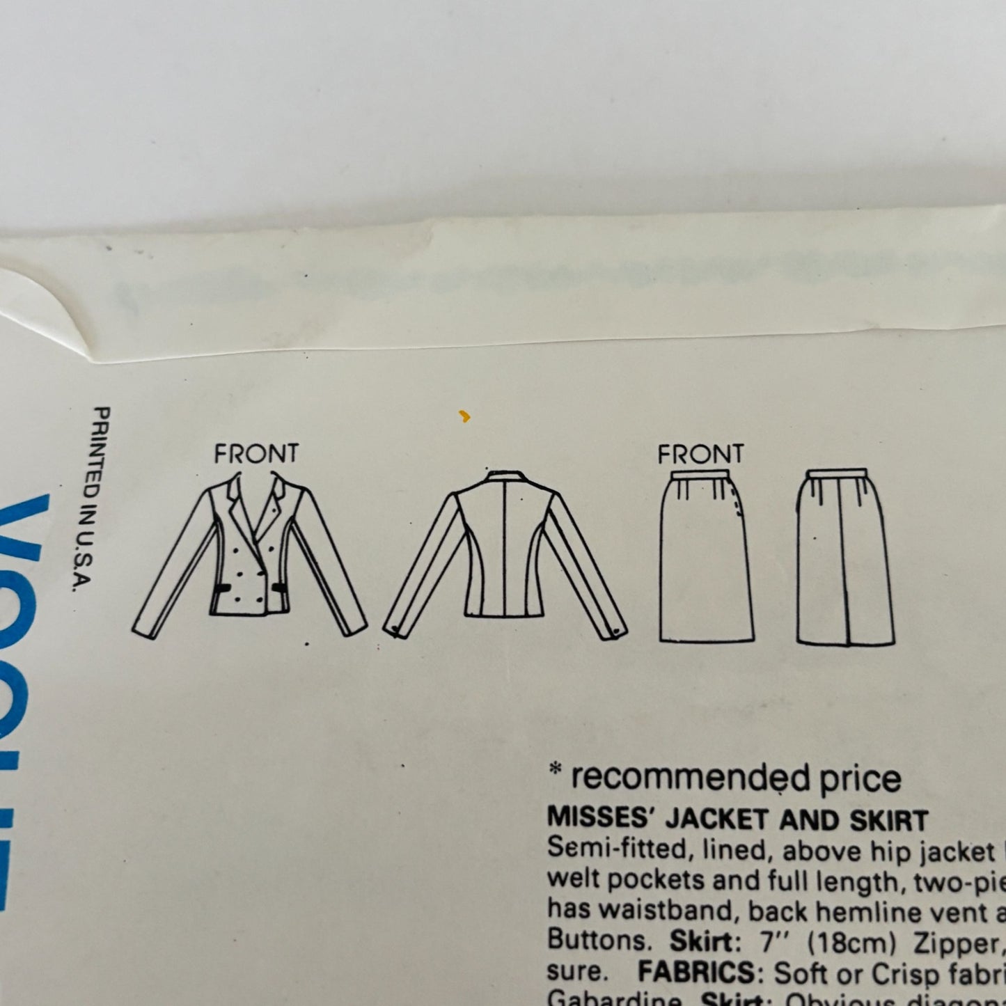 Vogue Sewing Pattern 1158 Bill Blass Suit Skirt Suit 80s American Designer 12 Uncut