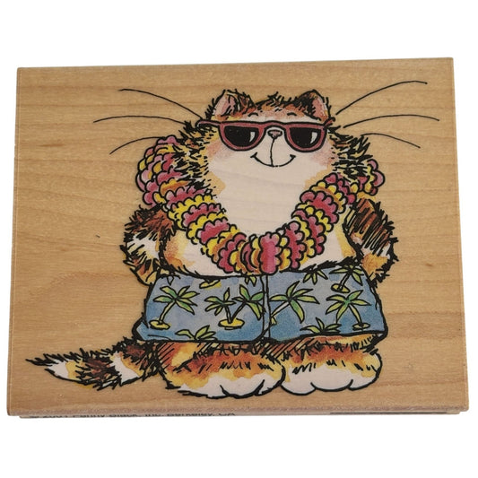 Penny Black Rubber Stamp Aloha Cat in Sunglasses Hawaiian Lei Summer Vacation