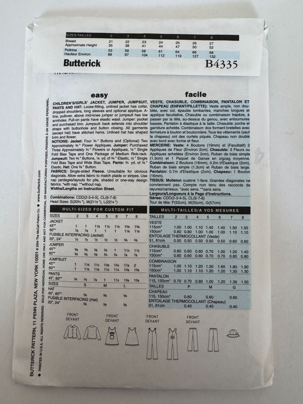 Butterick Sewing Pattern B4335 Girls Jacket Jumper Pants Winter Outfit 6 7 8 UC