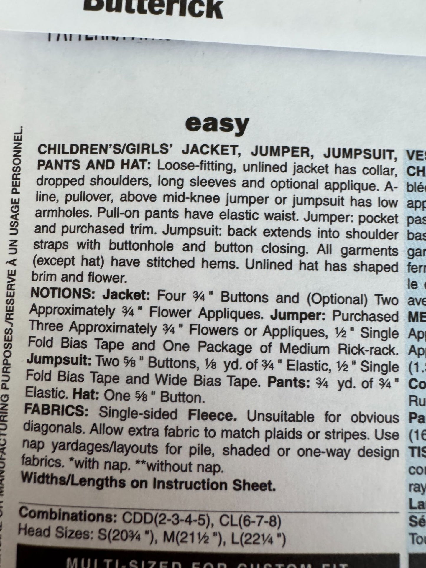 Butterick Sewing Pattern B4335 Girls Jacket Jumper Pants Winter Outfit 6 7 8 UC