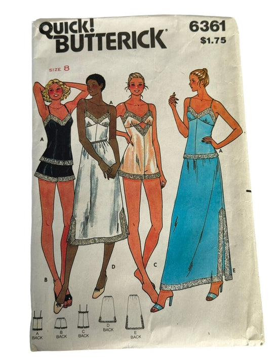 Butterick Sewing Pattern 6361 Lingerie Camisole Bodysuit Slip Vintage 8 1980s UC