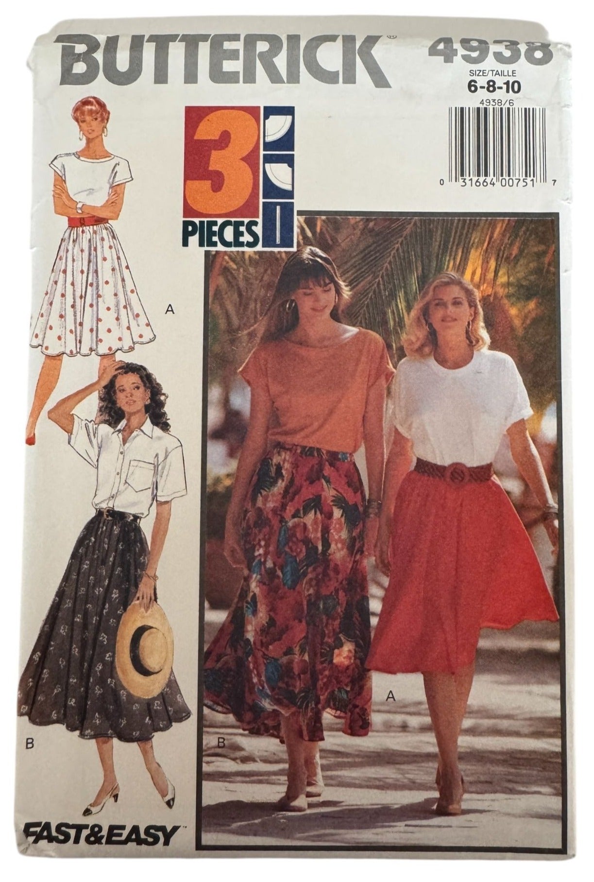 Butterick Sewing Pattern 4938 Easy Circular Skirt 1990s 6 8 10 UC