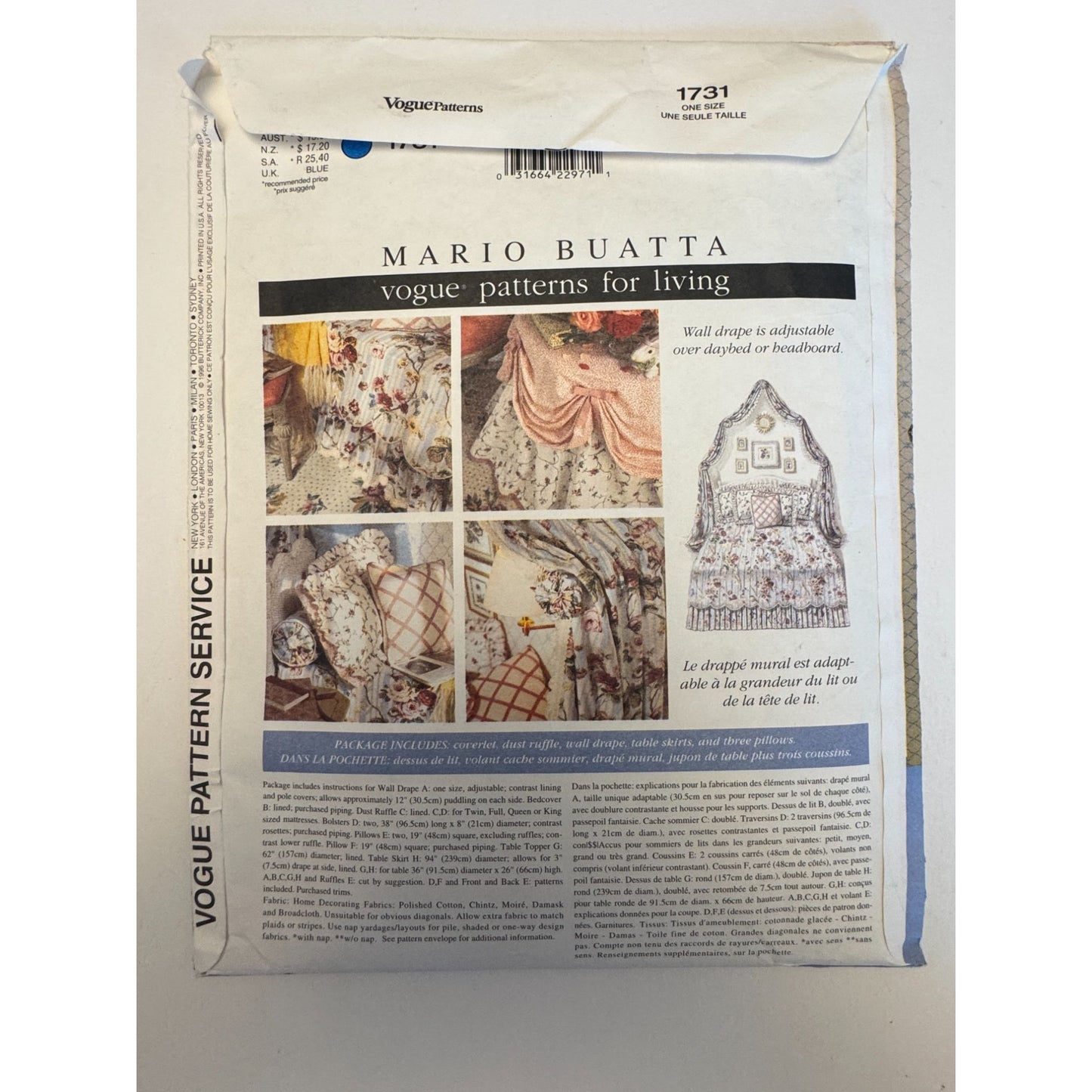 Vogue Sewing Pattern 1731 Bedroom Home Decor Mario Buatta Dust Ruffle Pillows Uncut