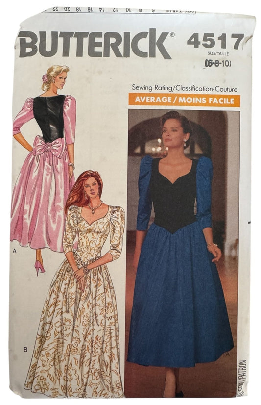 Butterick Sewing Pattern 4517 Formal Dress Tea or Floor Length 1980s 6 8 10 UC