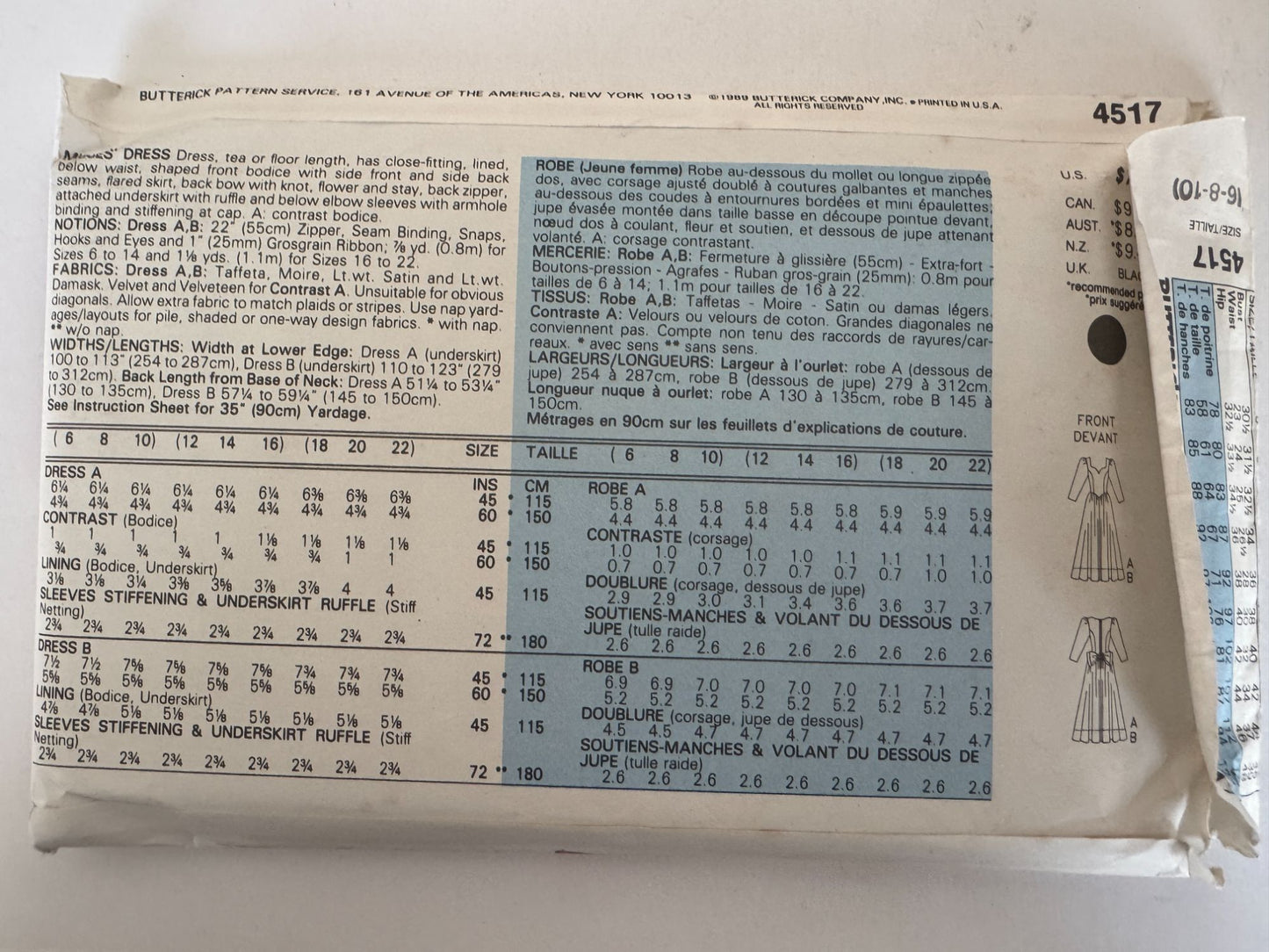 Butterick Sewing Pattern 4517 Formal Dress Tea or Floor Length 1980s 6 8 10 UC