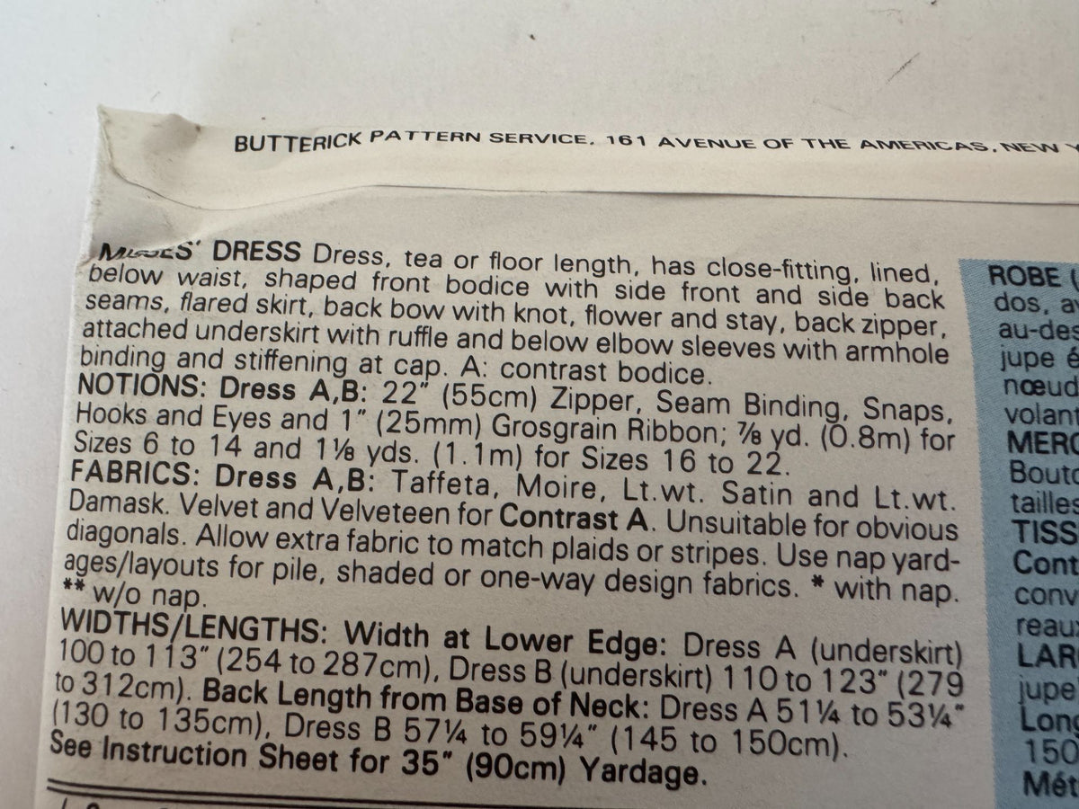 Butterick Sewing Pattern 4517 Formal Dress Tea or Floor Length 1980s 6 8 10 UC