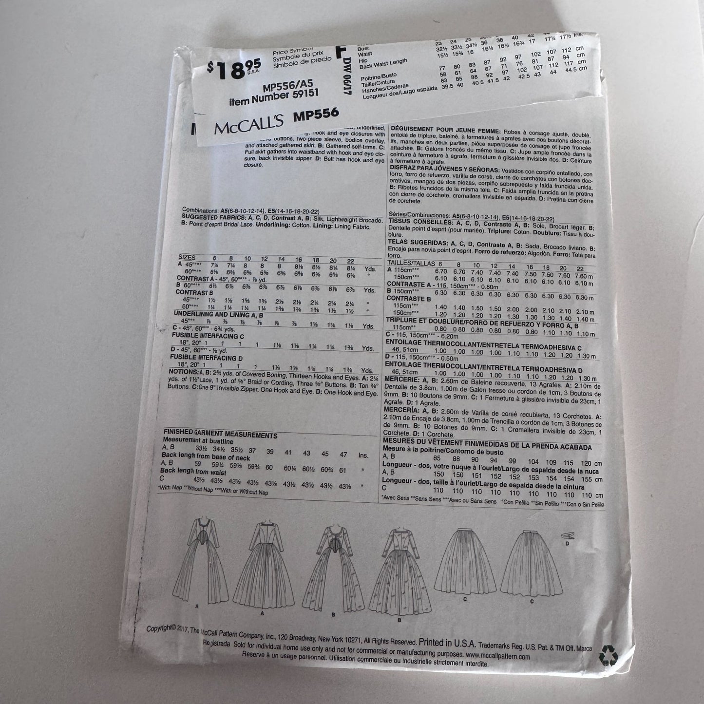McCalls Sewing Pattern MP556 Costume Dress Renaissance Medieval Gown Fantasy Misses 6-14 Uncut
