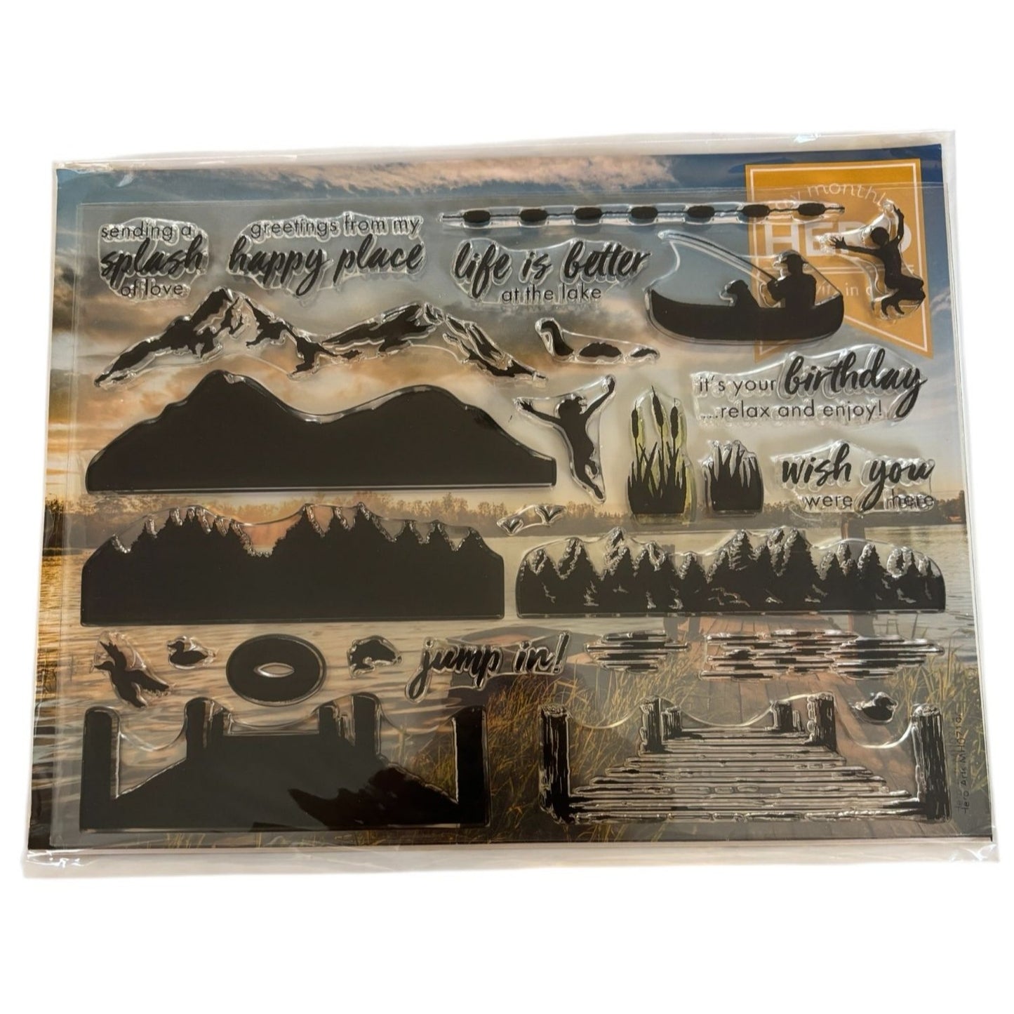 Hero Arts Lake Scene Clear Stamps and Coordinating Dies Fishing Canoe Mountain Campfire Cardmaking Scrapbooking Outdoor Stamp Set