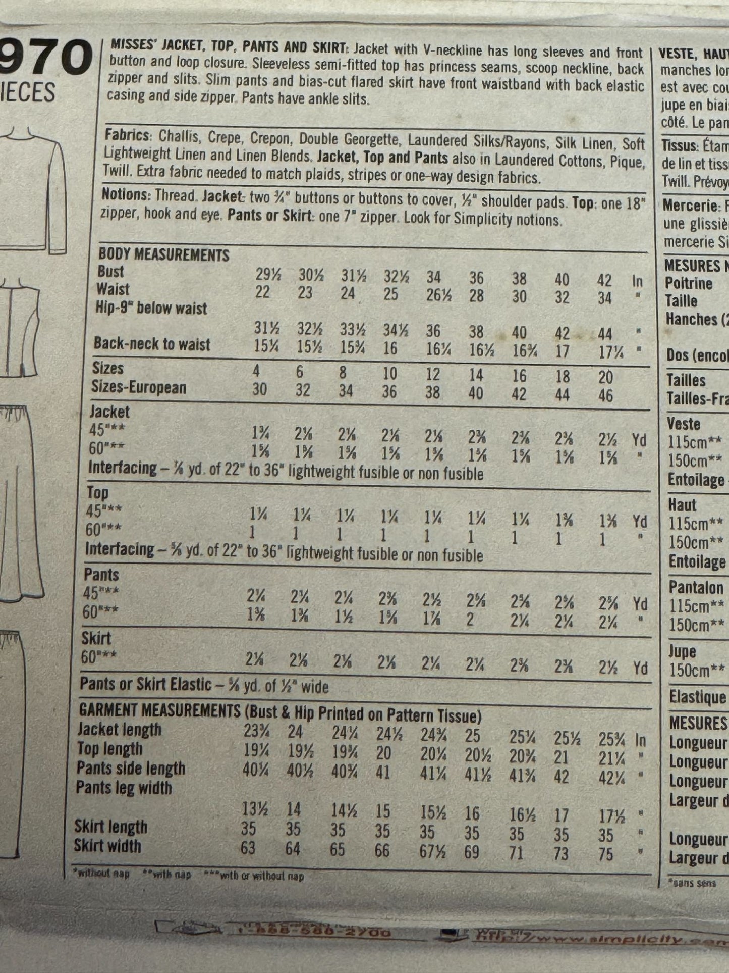 Simplicity Sewing Pattern 7970 Misses Jacket Top Pants Skirt Scoop Neck 16-20 UC
