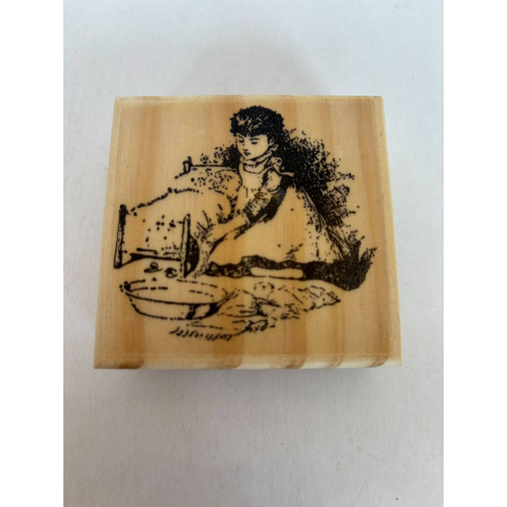 Victorian Girl Wood Mounted Rubber Stamp Child Doll Bed Childhood Card Making