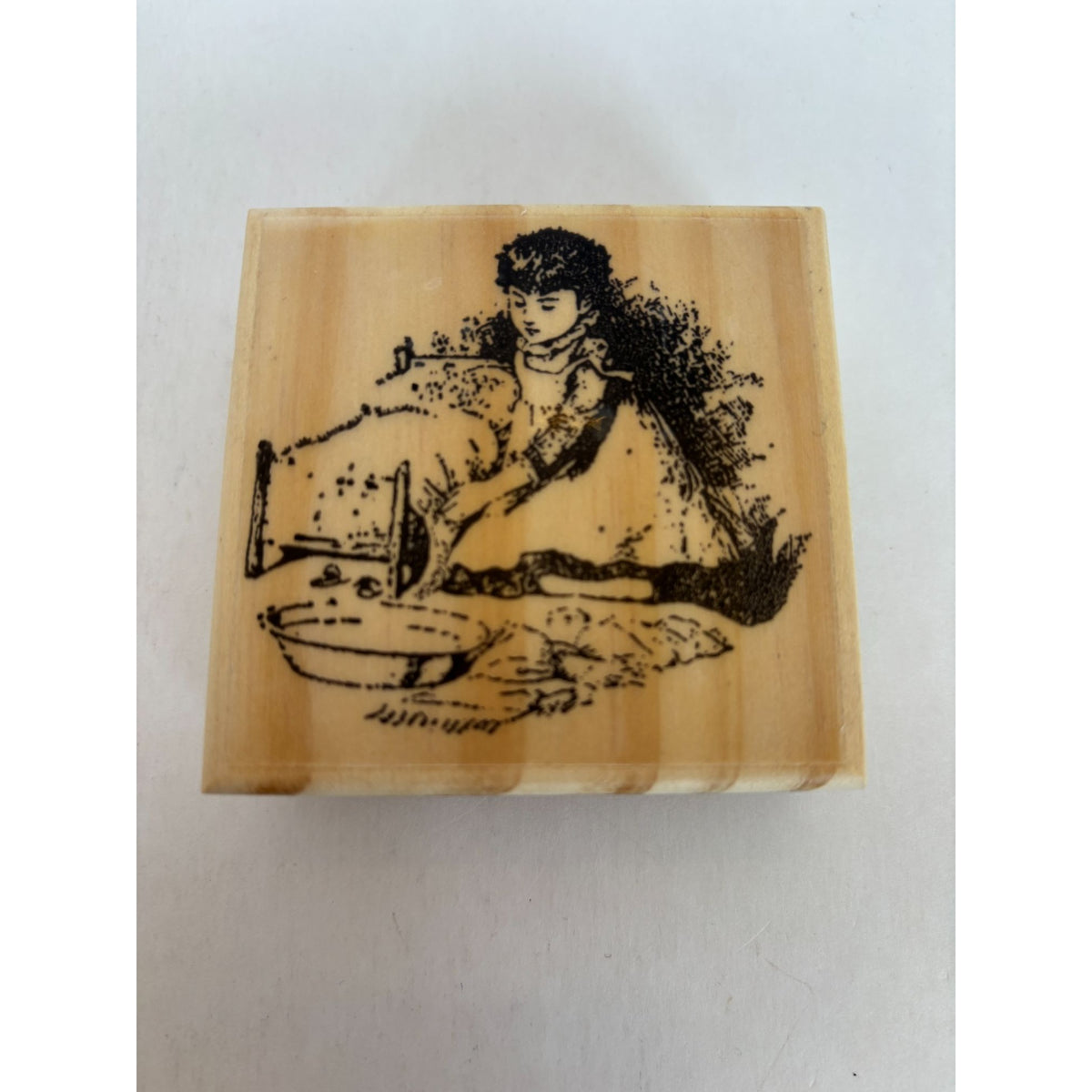 Victorian Girl Wood Mounted Rubber Stamp Child Doll Bed Childhood Card Making