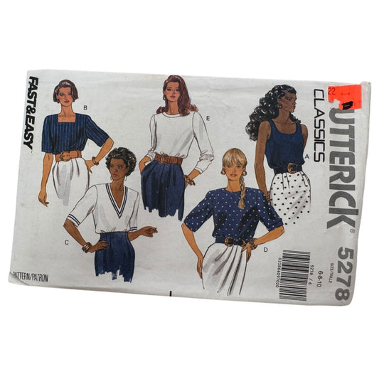 Butterick Sewing Pattern 5278 Tops Shirts Neckline Variations 6 8 10 Easy Uncut