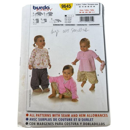 Burda Sewing Pattern 9645 Baby Toddler Girl Shirt Pants Outfit Easy 6M-3T Uncut