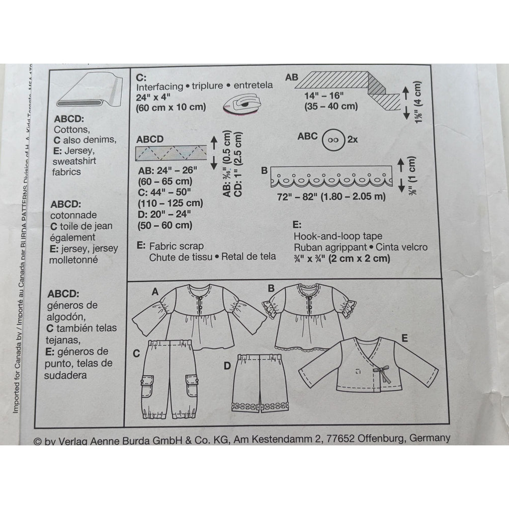 Burda Sewing Pattern 9645 Baby Toddler Girl Shirt Pants Outfit Easy 6M-3T Uncut