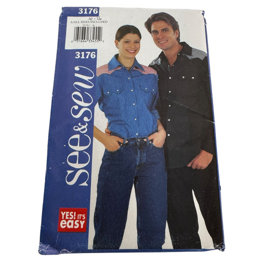 Butterick Sewing Pattern 3176 Western Shirts XS-XL Unisex Easy UC Country Cowboy