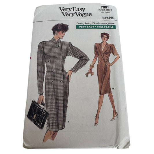 Vogue Sewing Pattern 7061 Double Breasted Dress Work Vintage 1980s 12-16 Uncut