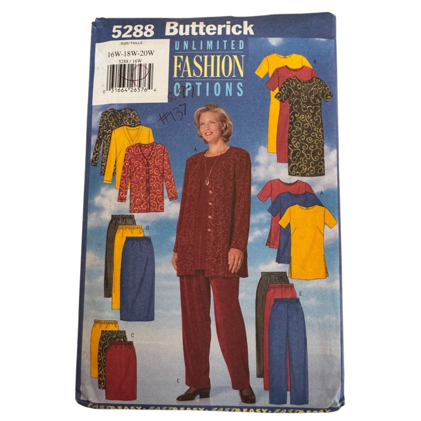 Butterick Sewing Pattern 5288 Uncut Jacket Dress Tunic Skirt Pants Vintage 90s 16W-20W