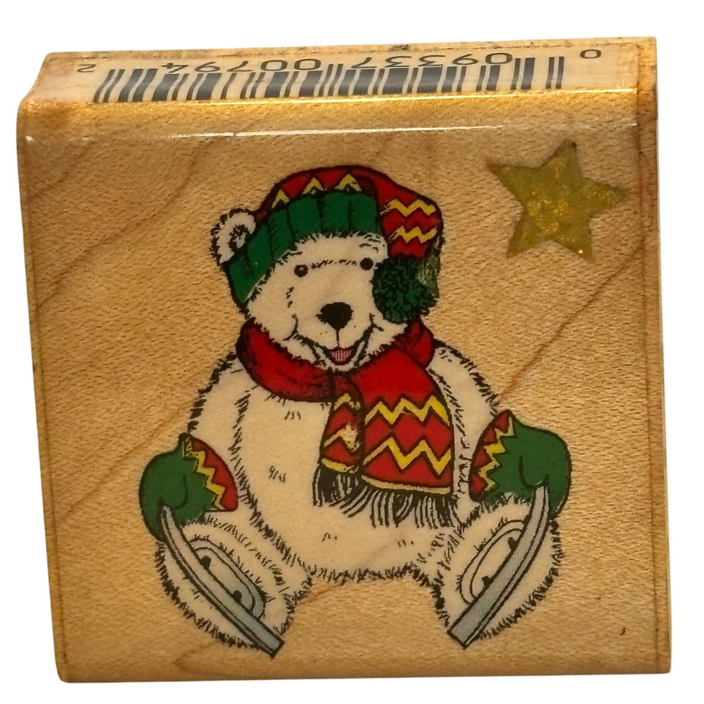 Comotion Rubber Stamp Polar Bear Ice Skates Festive Winter Christmas Card Making Wood Mounted