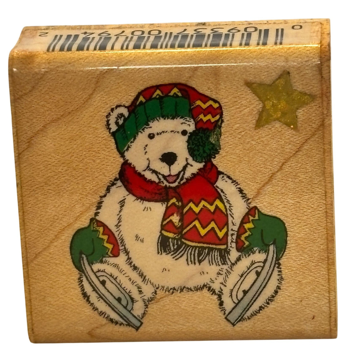 Comotion Rubber Stamp Polar Bear Ice Skates Festive Winter Christmas Card Making Wood Mounted