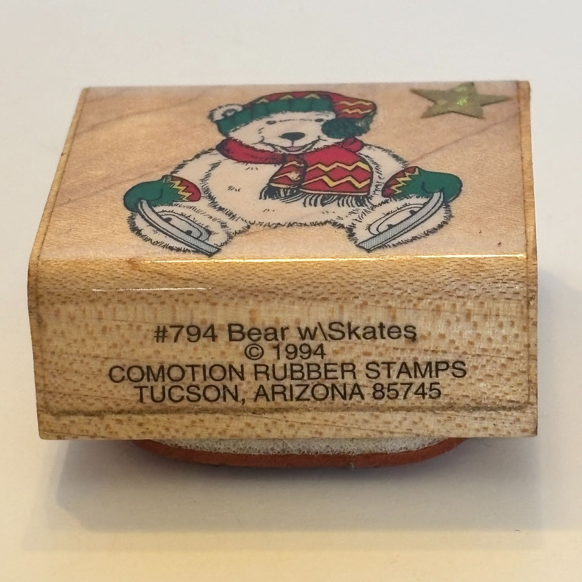 Comotion Rubber Stamp Polar Bear Ice Skates Festive Winter Christmas Card Making Wood Mounted