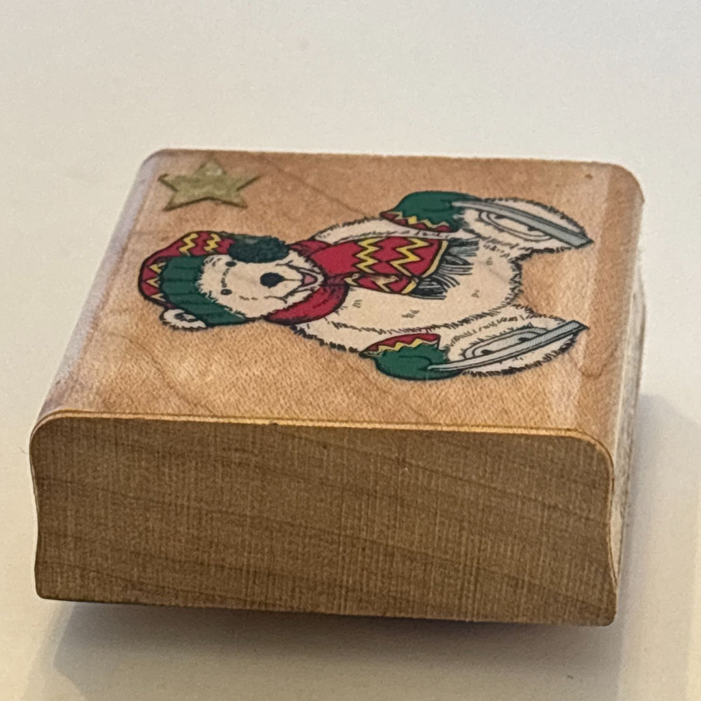 Comotion Rubber Stamp Polar Bear Ice Skates Festive Winter Christmas Card Making Wood Mounted