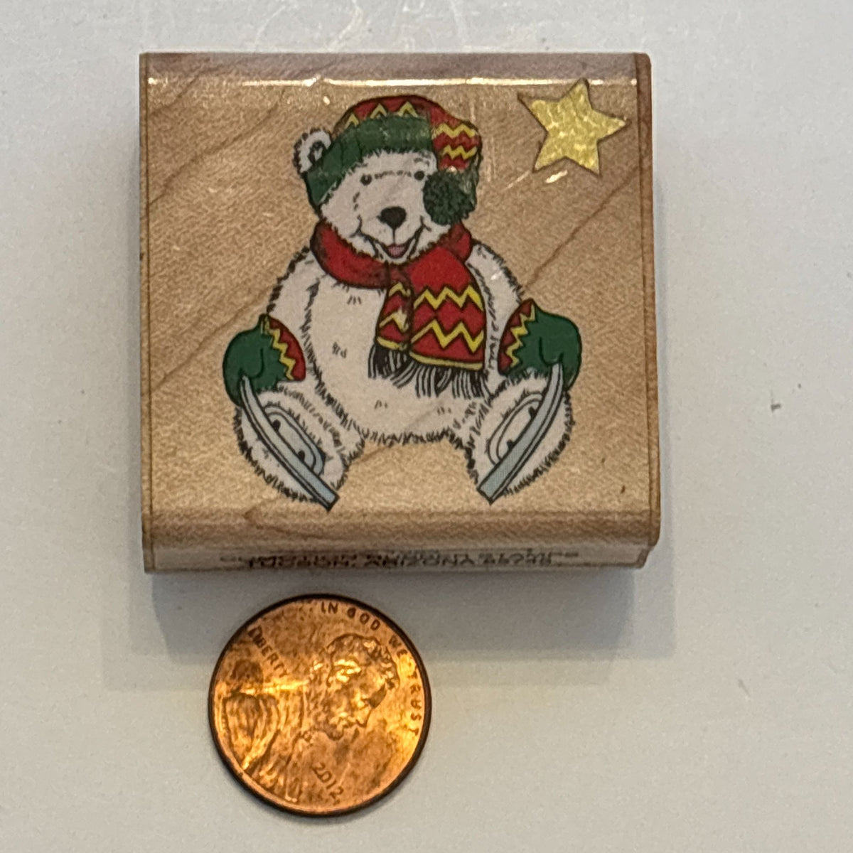 Comotion Rubber Stamp Polar Bear Ice Skates Festive Winter Christmas Card Making Wood Mounted