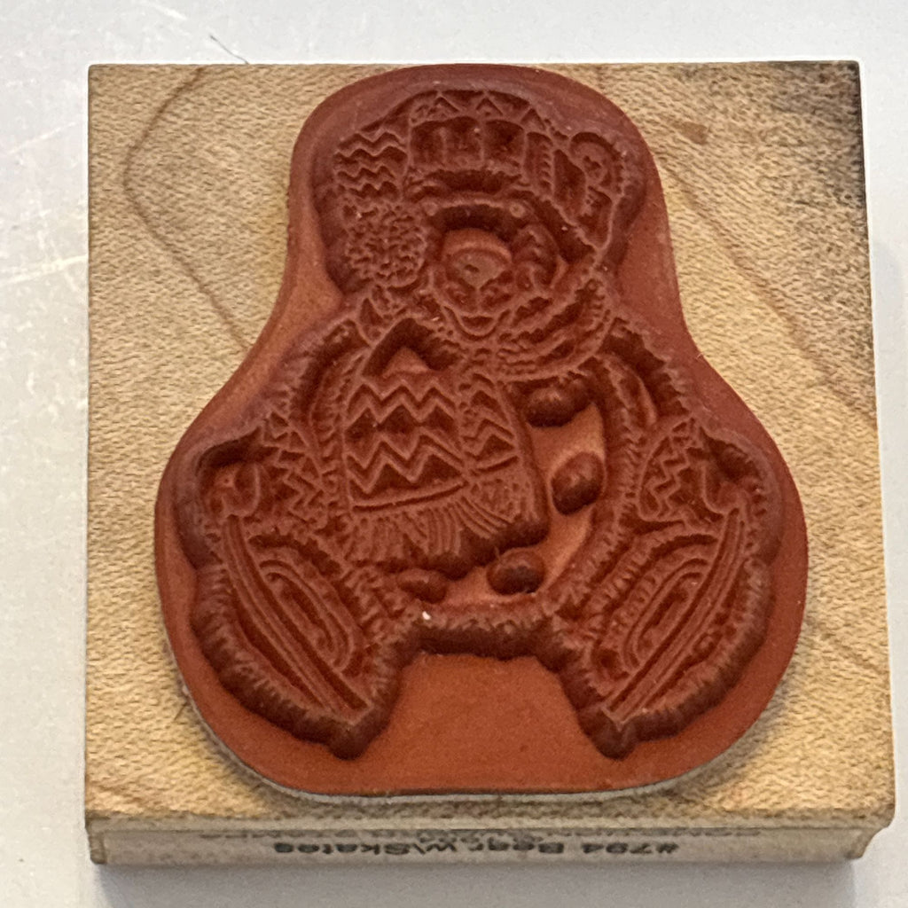 Comotion Rubber Stamp Polar Bear Ice Skates Festive Winter Christmas Card Making Wood Mounted