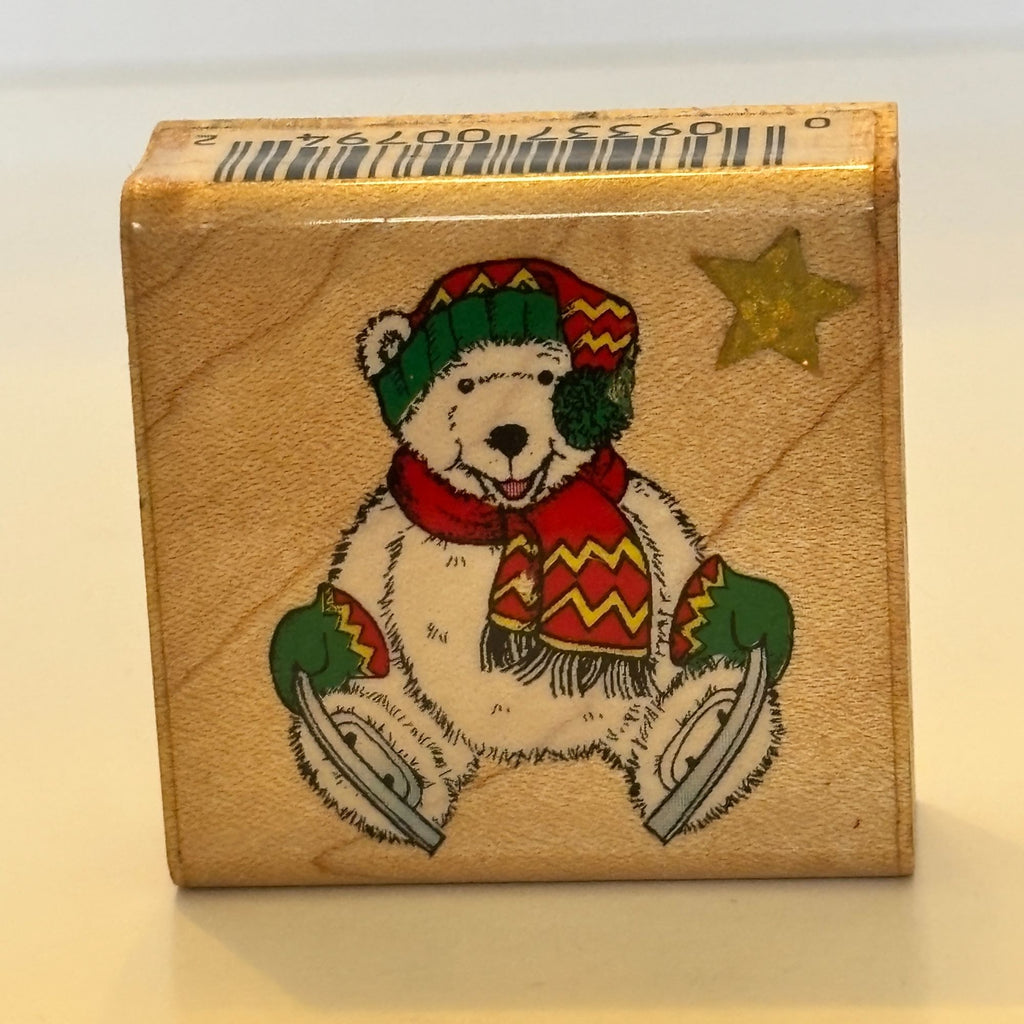 Comotion Rubber Stamp Polar Bear Ice Skates Festive Winter Christmas Card Making Wood Mounted
