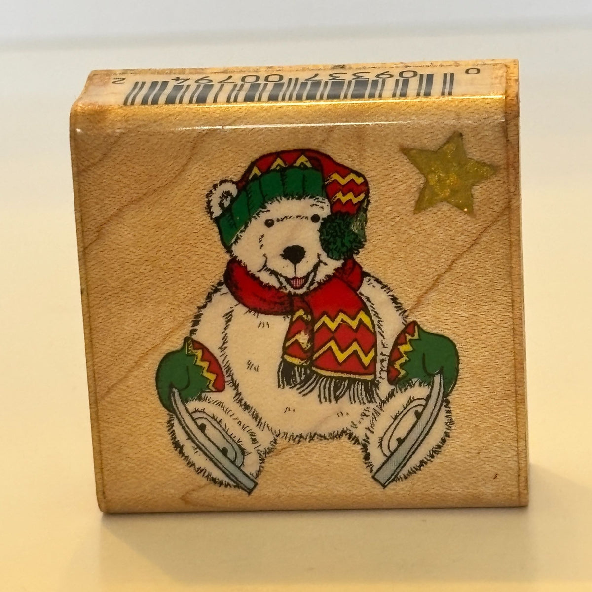 Comotion Rubber Stamp Polar Bear Ice Skates Festive Winter Christmas Card Making Wood Mounted