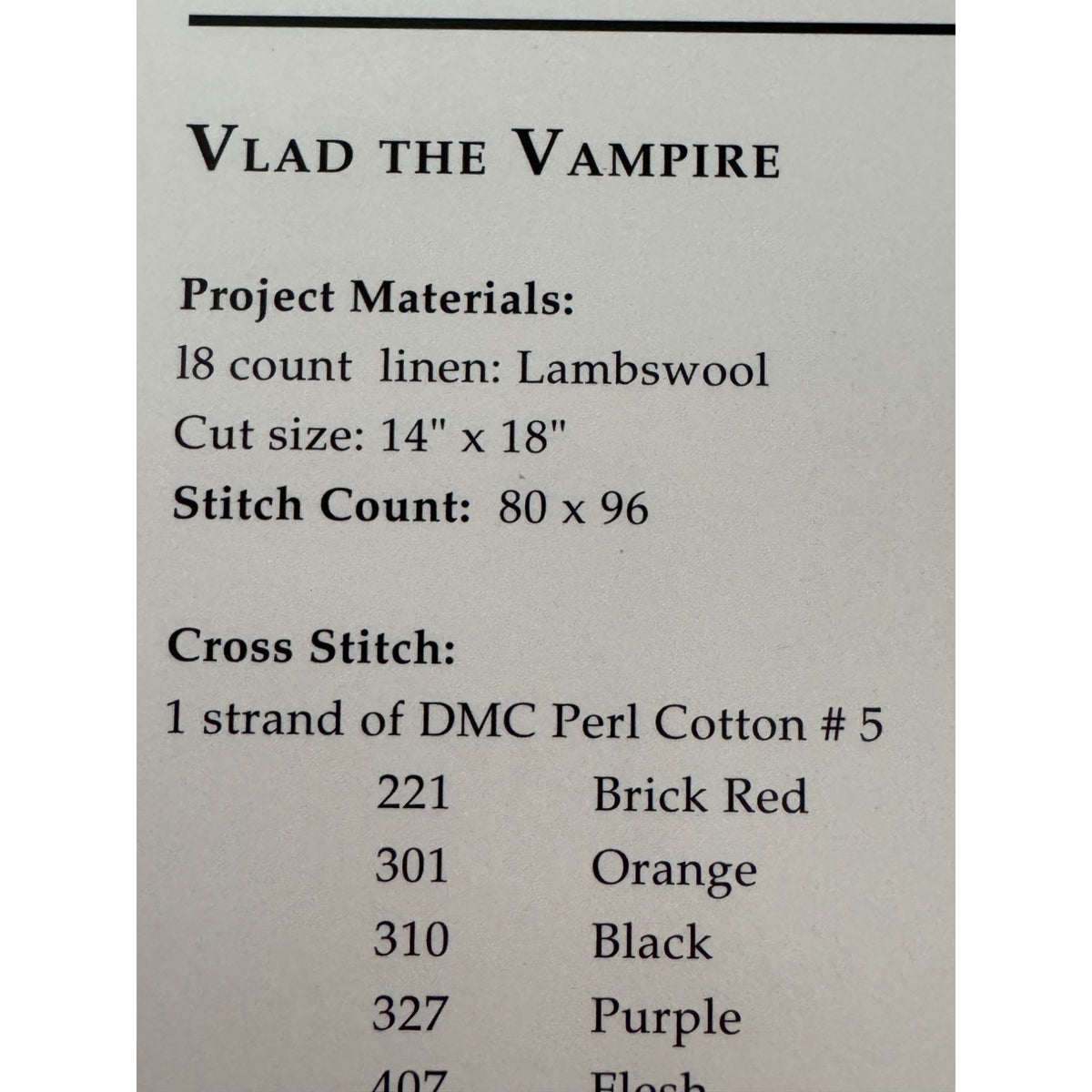 Shepherd's Bush Halloween Counted Cross Stitch Pattern Vlad The Vampire