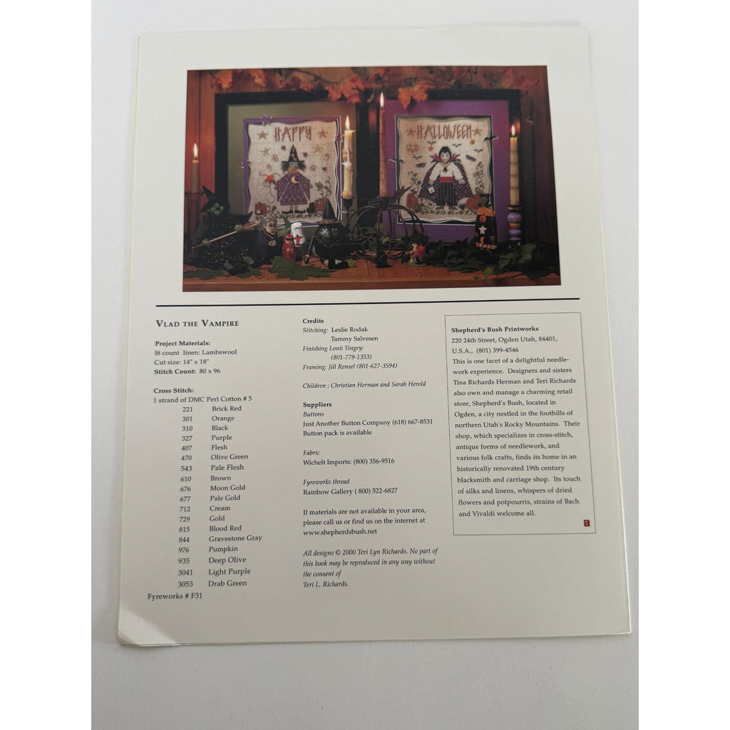 Shepherd's Bush Halloween Counted Cross Stitch Pattern Vlad The Vampire