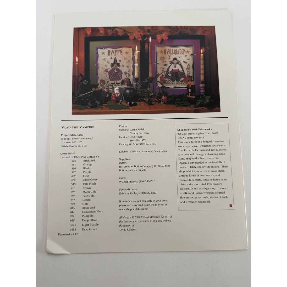 Shepherd's Bush Halloween Counted Cross Stitch Pattern Vlad The Vampire