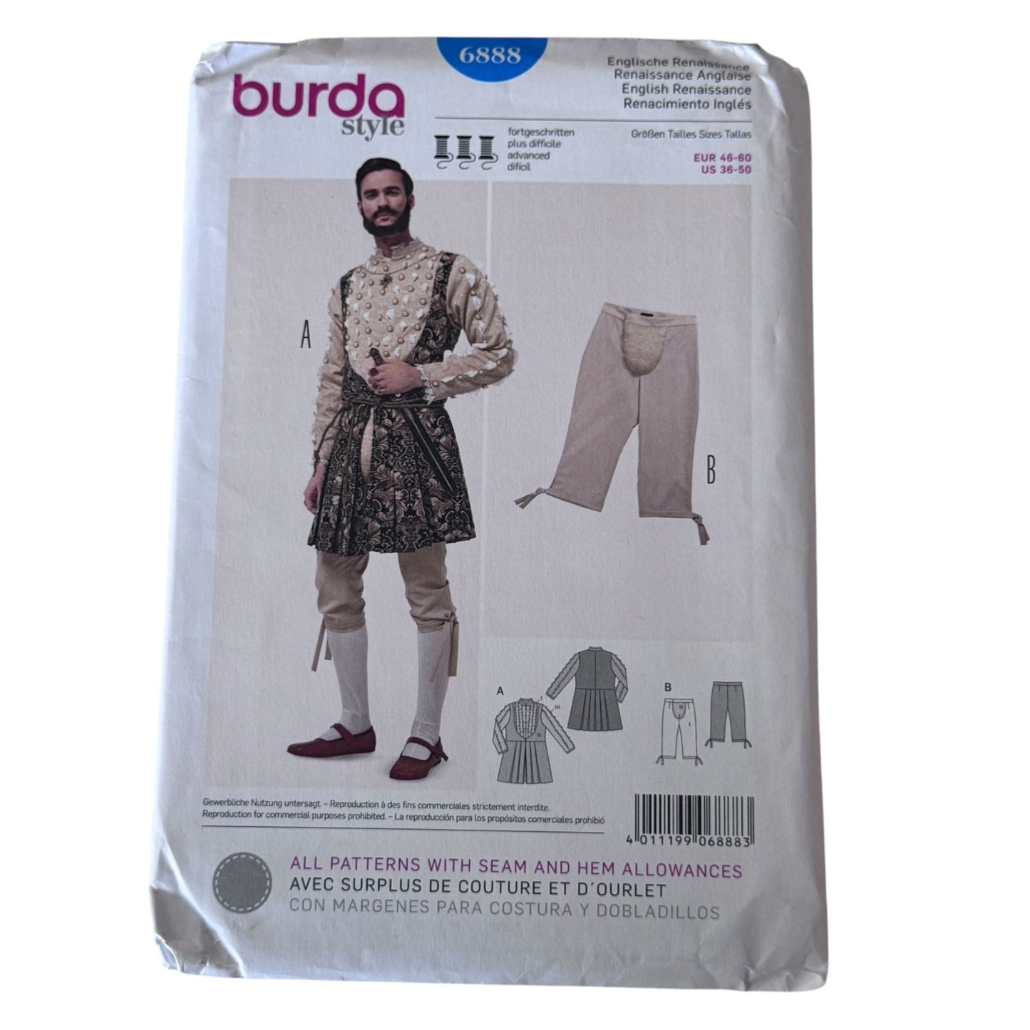 Burda Sewing Pattern 6888 English Renaissance Doublet Mens Tudor Costume Elizabethan Outfit 36-50 Uncut