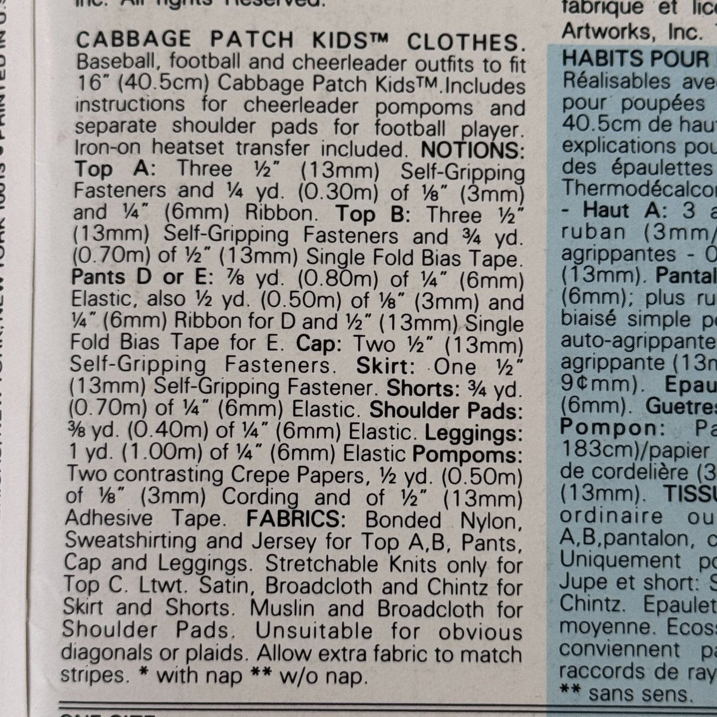 Butterick Sewing Pattern 6827 Cabbage Patch Kids Doll Clothes Football Cheerleader Vintage 1980s Uncut
