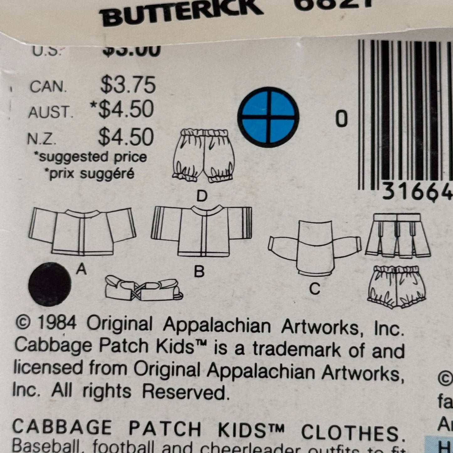 Butterick Sewing Pattern 6827 Cabbage Patch Kids Doll Clothes Football Cheerleader Vintage 1980s Uncut