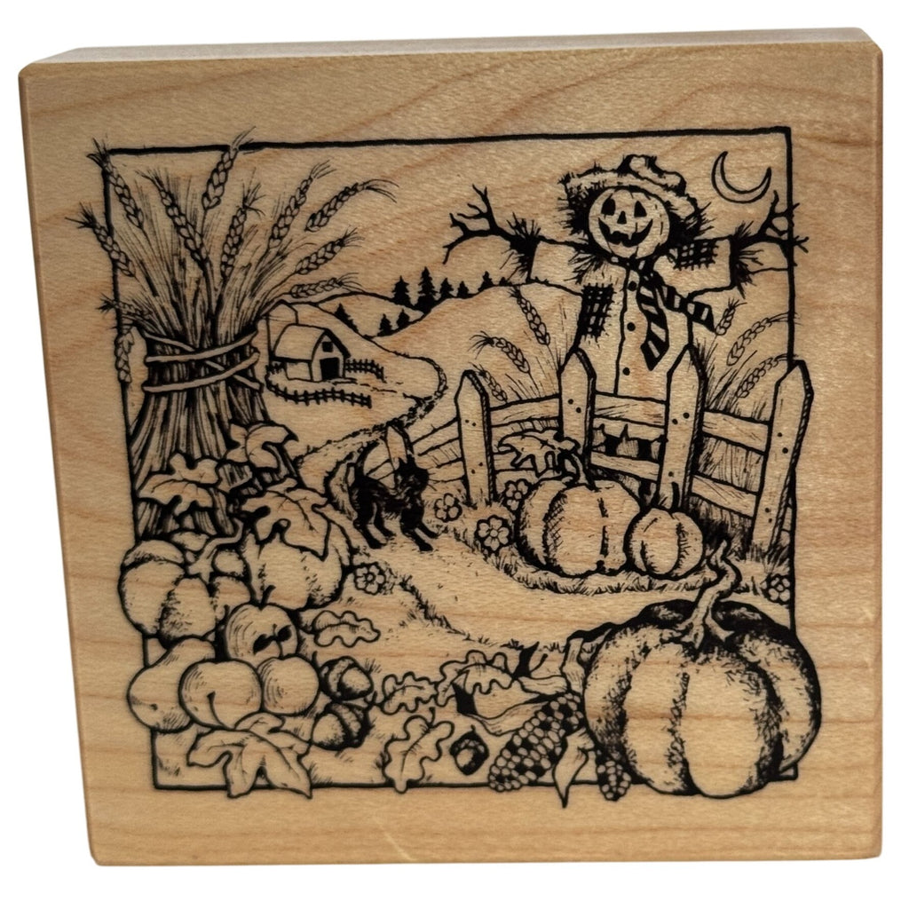PSX Rubber Stamp Halloween Scarecrow Farm Scene Pumpkins Wheat Fence Cat Cardmaking Thanksgiving