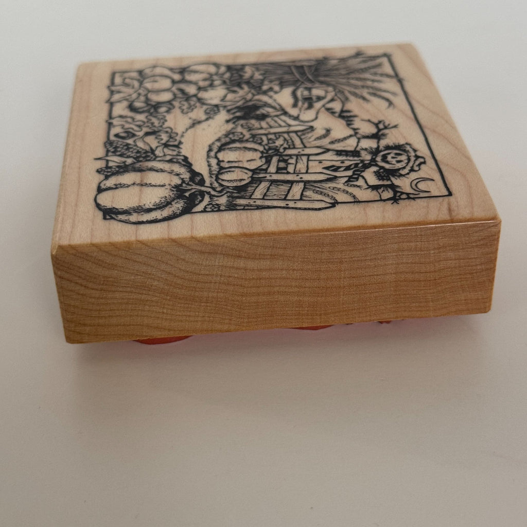PSX Rubber Stamp Halloween Scarecrow Farm Scene Pumpkins Wheat Fence Cat Cardmaking Thanksgiving