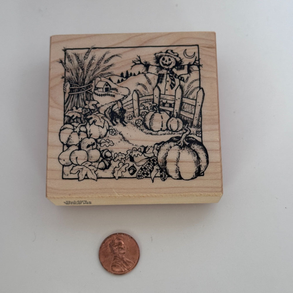 PSX Rubber Stamp Halloween Scarecrow Farm Scene Pumpkins Wheat Fence Cat Cardmaking Thanksgiving