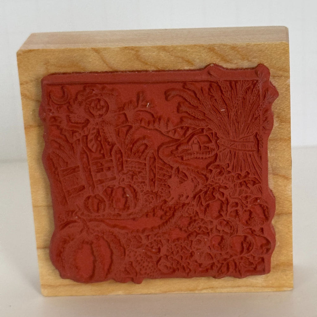 PSX Rubber Stamp Halloween Scarecrow Farm Scene Pumpkins Wheat Fence Cat Cardmaking Thanksgiving