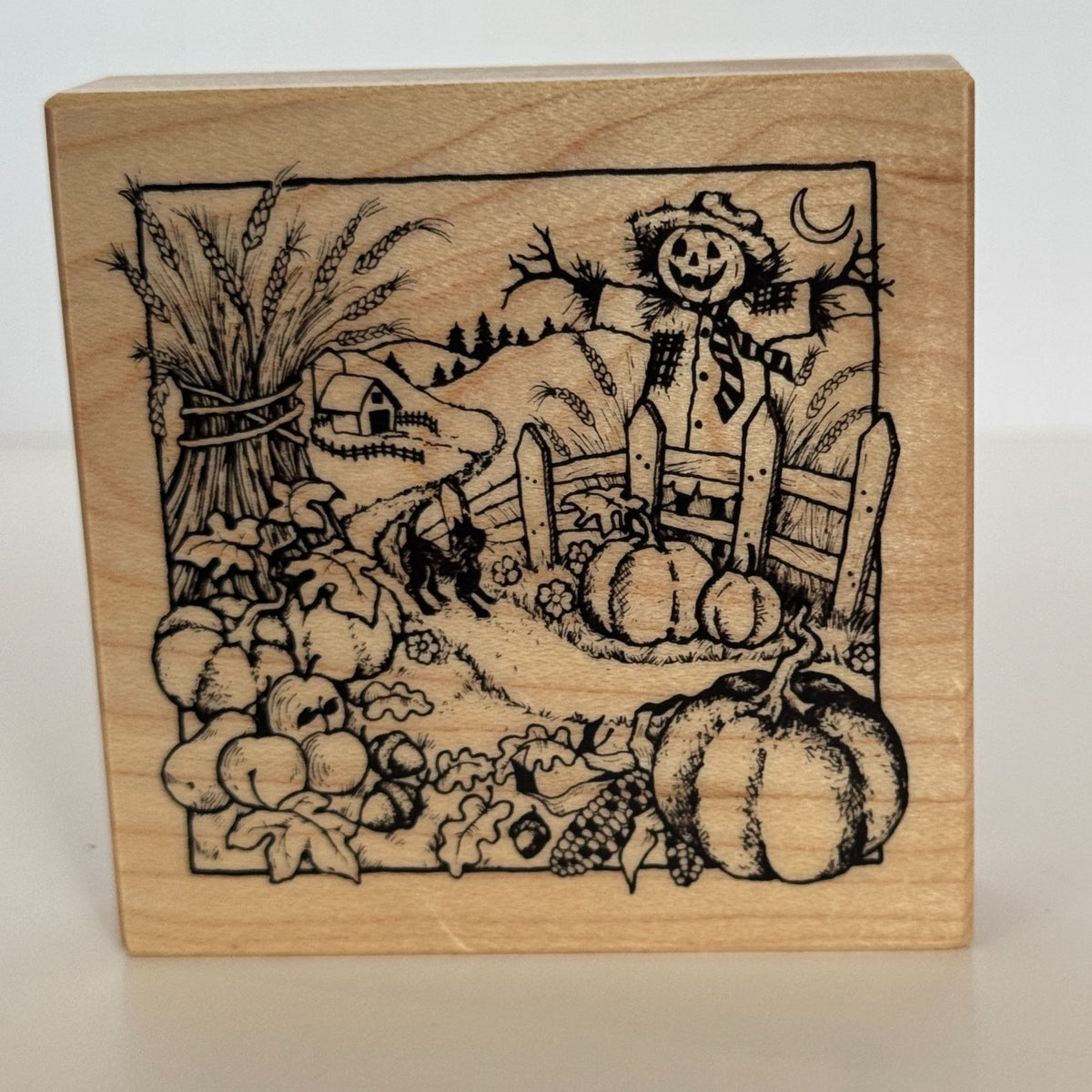 PSX Rubber Stamp Halloween Scarecrow Farm Scene Pumpkins Wheat Fence Cat Cardmaking Thanksgiving