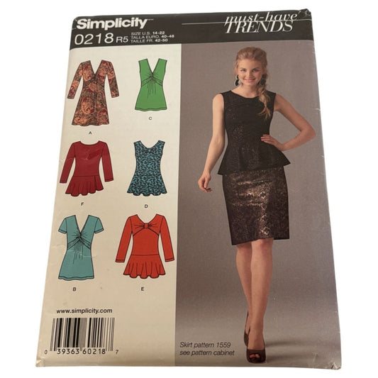Simplicity Sewing Pattern 0218 Misses Knit Tunic Top Peplum Shirt Size 14-22 UC