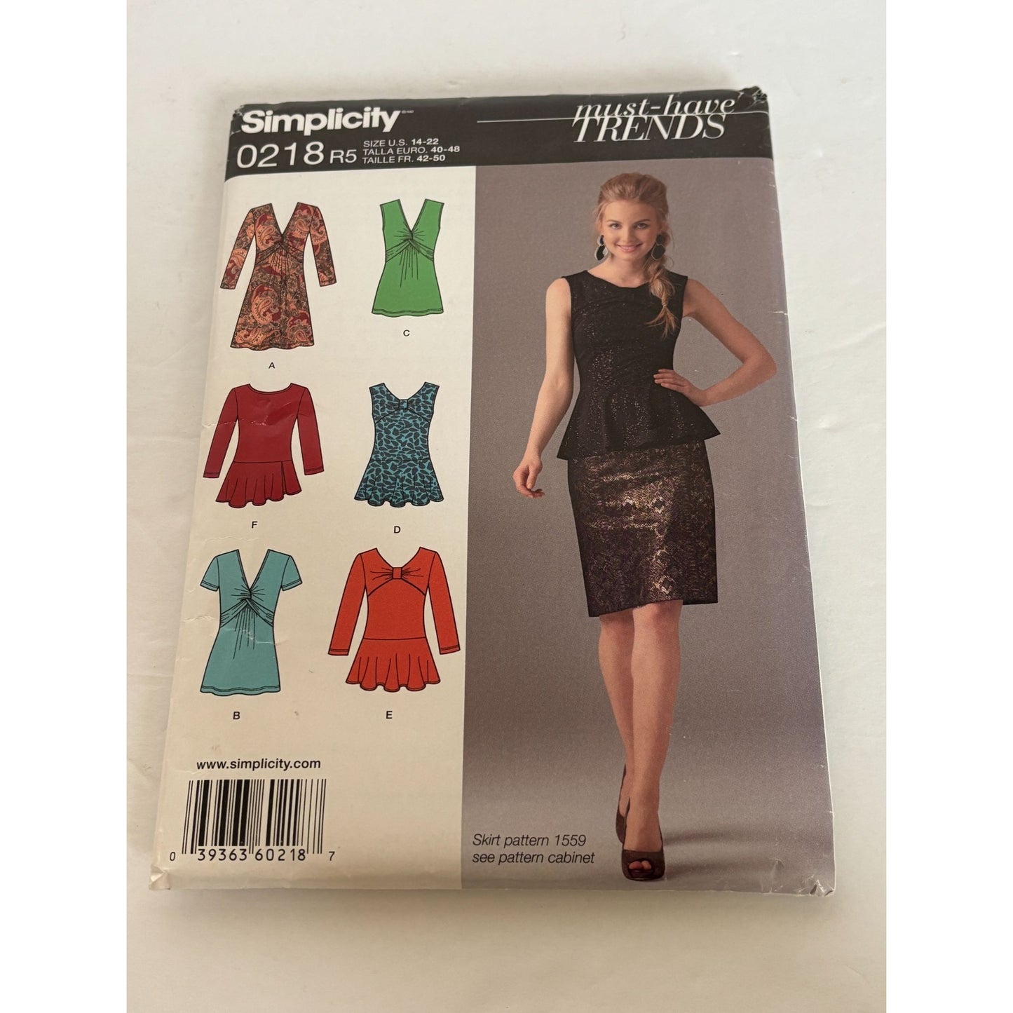 Simplicity Sewing Pattern 0218 Misses Knit Tunic Top Peplum Shirt Size 14-22 UC