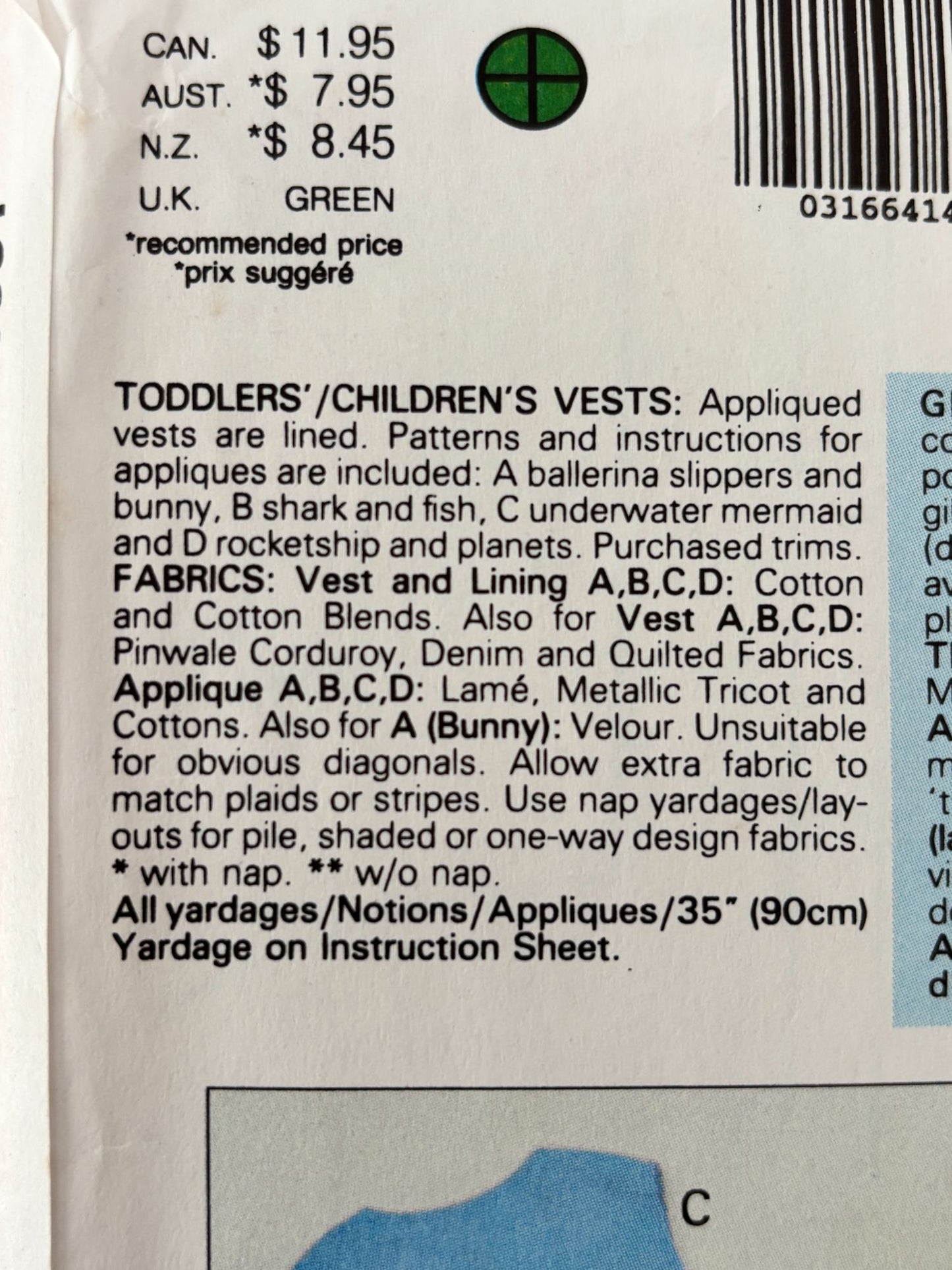 Butterick Sewing Pattern 6381: Toddler's / Children's Vest