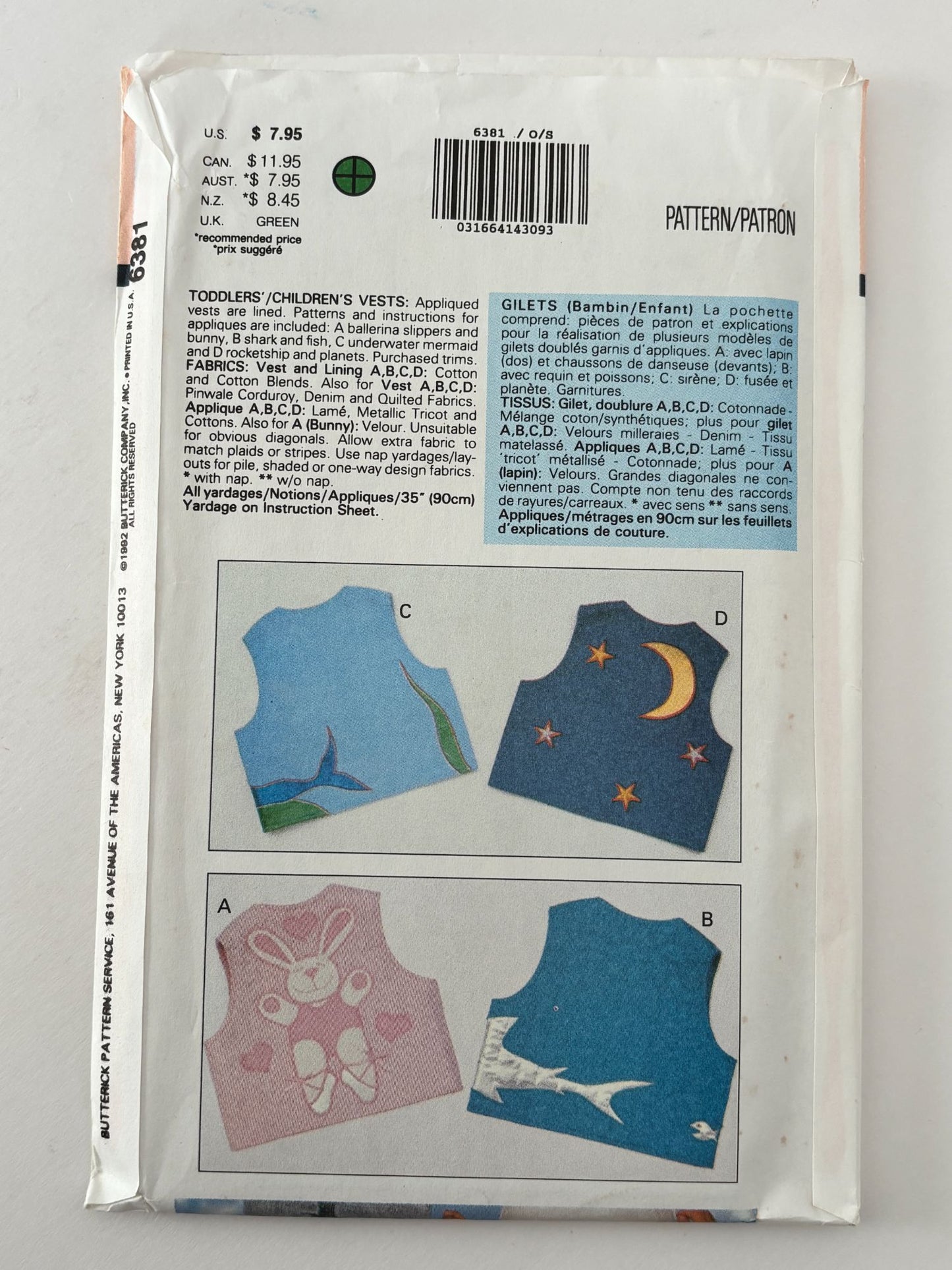 Butterick Sewing Pattern 6381: Toddler's / Children's Vest