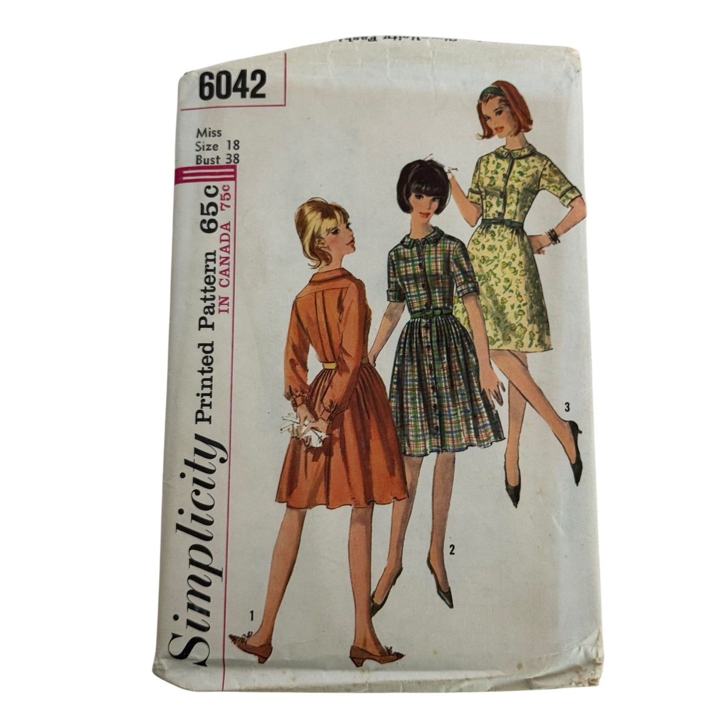 Simplicity Sewing Pattern 6042 Dress 1960s Vintage Bermuda Collar Sz 18 Bust 38