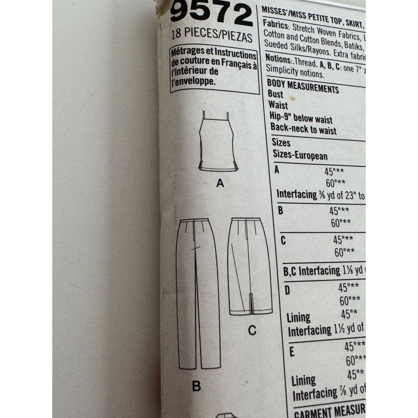Simplicity Sewing Pattern 9572 Top Jacket Pants Skirt Pants Easy Chic 12-18 UC