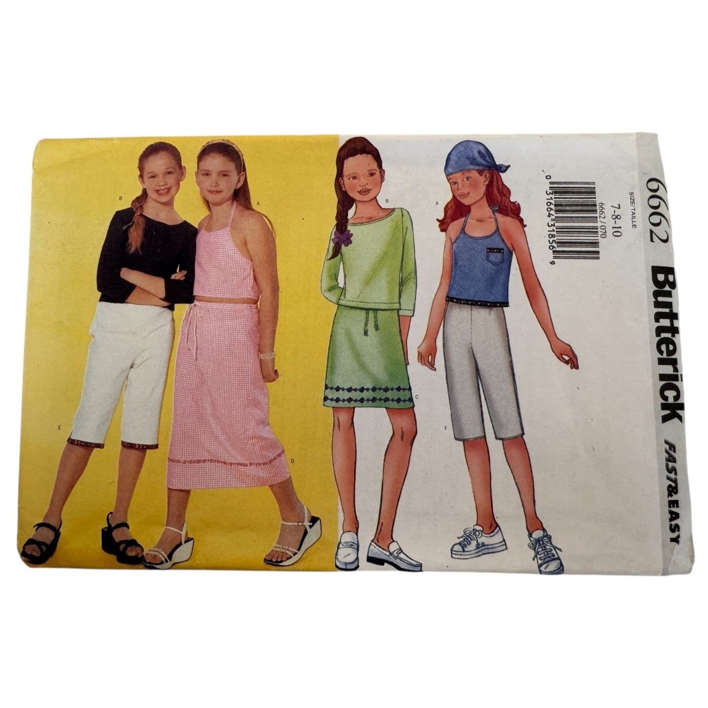 Butterick 6662 Girls Y2K Sewing Pattern Halter Top Skirt Capri Pants Outfit 7-10 Uncut