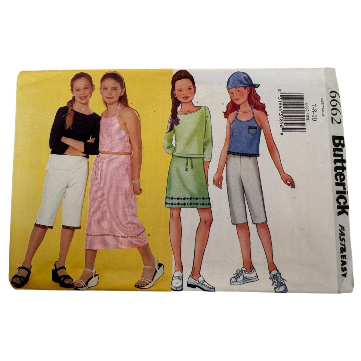 Butterick 6662 Girls Y2K Sewing Pattern Halter Top Skirt Capri Pants Outfit 7-10 Uncut